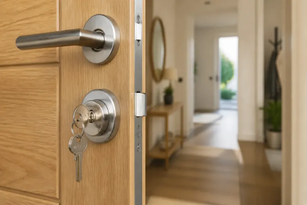 Porte d’entrée moderne avec cylindre débrayable et clé insérée, intérieur chaleureux en arrière-plan