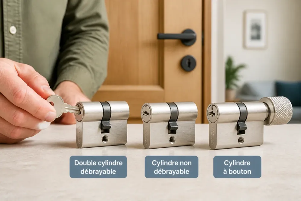 Trois cylindres de serrure résidentielle alignés, main tenant une clé devant une porte d’entrée moderne