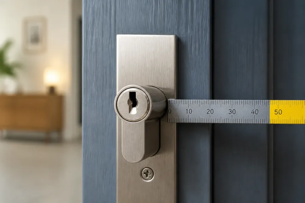 Cylindre de serrure européen mesuré avec une règle métallique sur une porte en bois bleu ardoise.