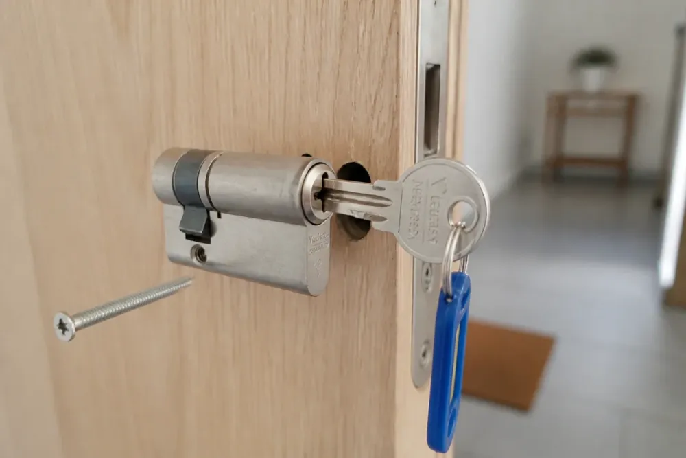Cylindre de serrure métallique partiellement extrait d’une porte, clé tournée et vis de fixation visible pour faciliter la mesure.