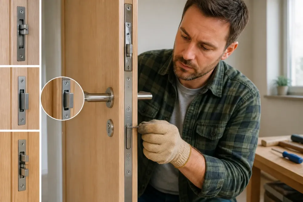 Bricoleur installant une serrure multipoints sur porte en bois, ajustant cylindre et gâche avec précision
