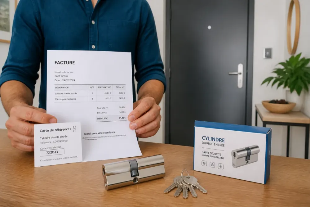 Barillet neuf, clés et facture tenus en main dans une entrée d’appartement, pour sécuriser le logement après déménagement