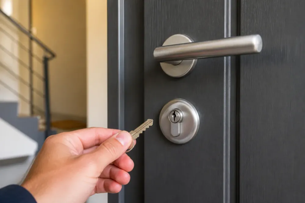 Main tenant une clé devant le barillet d’une porte palière moderne, pour vérifier son usure et sa sécurité