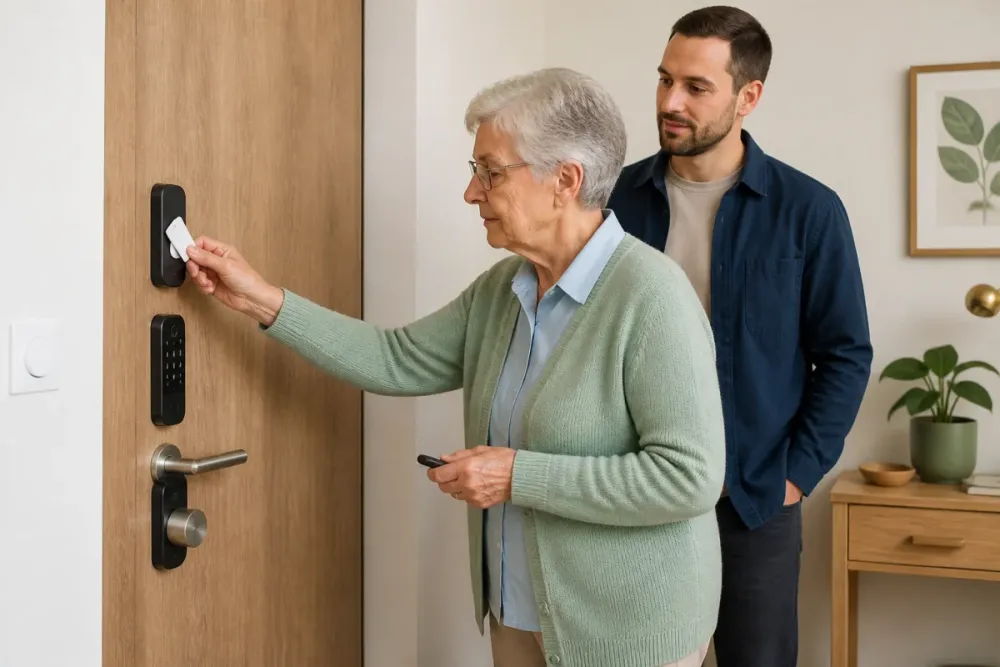 Personne âgée testant une serrure connectée avec badge, clavier à code et télécommande, accompagnée par un installateur