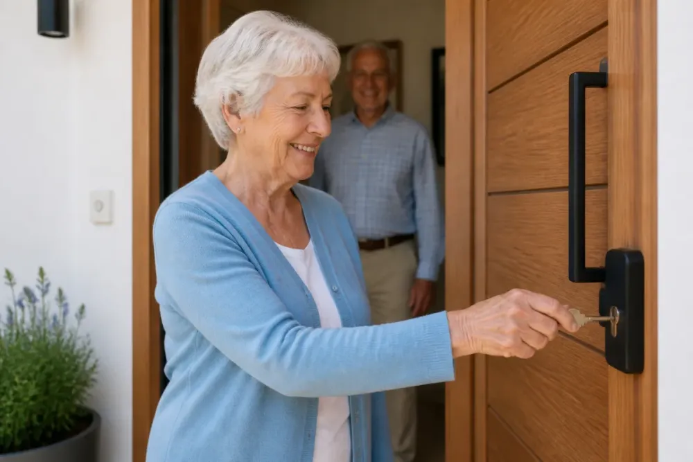 Personne âgée ouvrant sa porte avec une serrure ergonomique, dans une entrée chaleureuse et rassurante